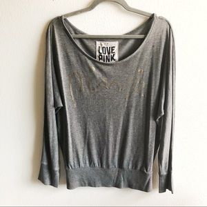 Victoria’s Secret PINK Top Grey Slouchy Graphic Script Long Sleeve Tee Sz S GUC